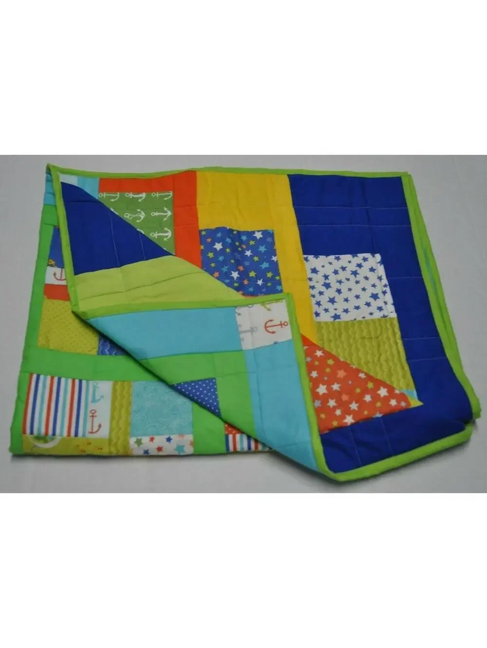 Nautical Reversible Nursery Quilt Crib Blanket with Anchors & Fish Handmade